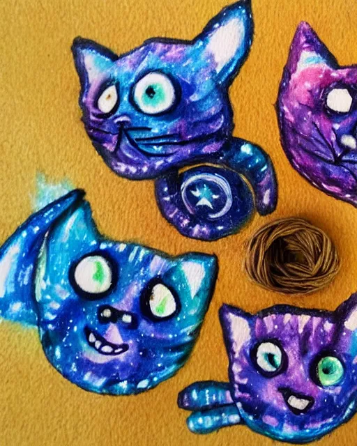 Image similar to cute galactic space kittens playing with yarn, painted in water colors
