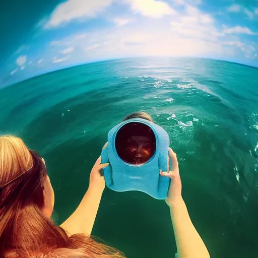 Prompt: Selfie!!!!! of a scared!!!!! woman, in the middle of the ocean!!!!!, first-person view, fisheye!!!!! lens!!!!!, photorealistic image, trending on artstation, 4k, 8k