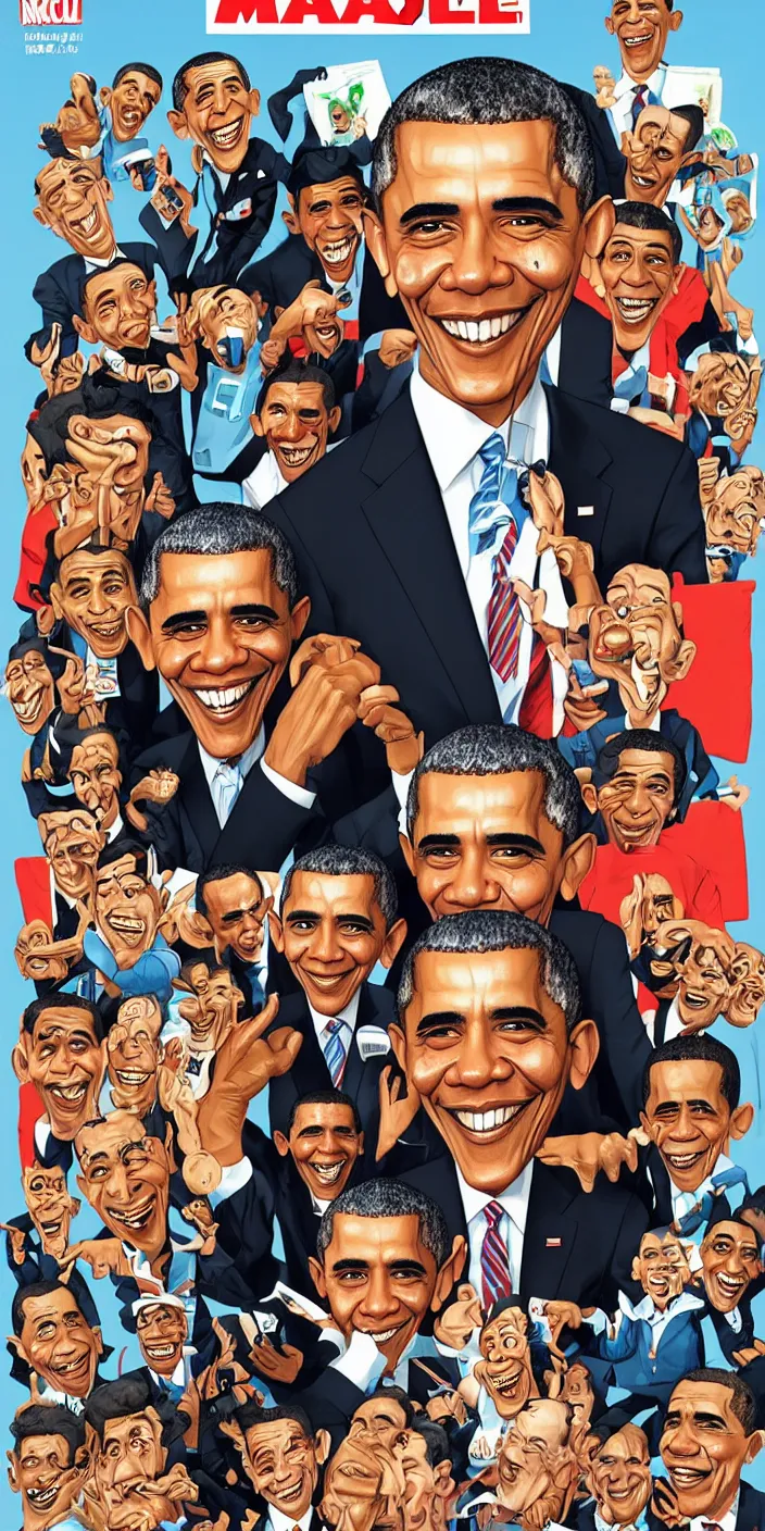 Prompt: mad magazine cover featuring barack obama