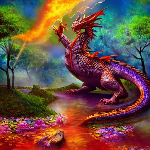 Image similar to highly detailed photograph of a dragon in a colorful hotspring with forest backdrop, featured on artstation