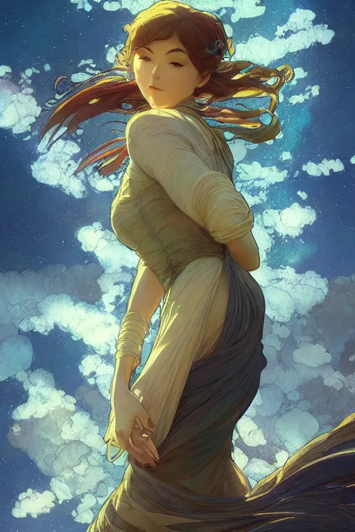 Image similar to a beautiful render of a beautiful female air sprite, wind, a beautiful face, perfectly shaded, atmospheric lighting, style of makoto shinkai, raphael lacoste, louis comfort tiffany, artgerm, karol bak, james jean, alphonse maria mucha