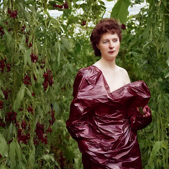 Prompt: closeup portrait of a woman wrapped in burgundy cellophane, standing in an overgrown greenhouse, color photograph, by john singer sargent, canon eos c 3 0 0, ƒ 1. 8, 3 5 mm, 8 k, medium - format print