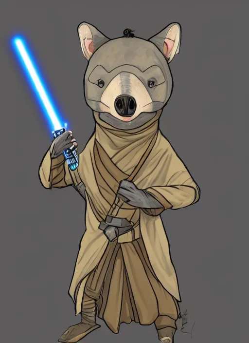 Prompt: an anthropomorphic bipedal wombat, standing upright, star wars, jedi clothing, jedi costume, holding a bright light saber with hands, fighting pose, wide shot, stylized illustration, trending on furaffinity