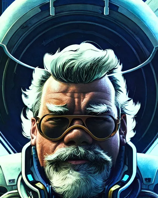 Prompt: winston from overwatch, josh brolin, gray hair and beard, character portrait, portrait, close up, concept art, intricate details, highly detailed, vintage sci - fi poster, retro future, in the style of chris foss, rodger dean, moebius, michael whelan, and gustave dore