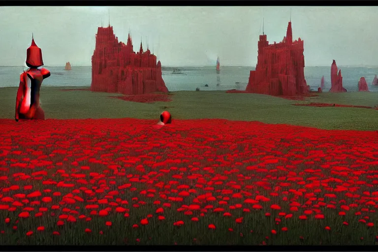 Image similar to only with red, red flowers of different types, red castle in background, red medieval big fat goblins, in the style of beksinski, parts by edward hopper, parts by rodcenko, parts by yue minjun, intricate and epic composition, red by caravaggio, insanely quality, highly detailed, masterpiece, red light, artstation, 4 k