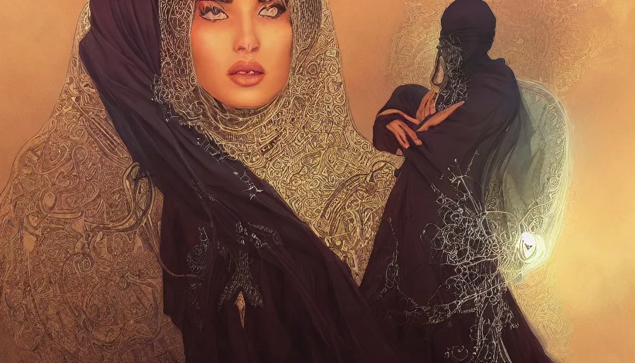 Image similar to Portrait of very very very very very very beautiful Arab woman wearing a Niqab, under giant full moon in the desert, intricate, glowing magical eyes, energy trails, elegant, highly detailed, digital painting, artstation, concept art, smooth, sharp focus, illustration, art by artgerm and greg rutkowski and alphonse mucha