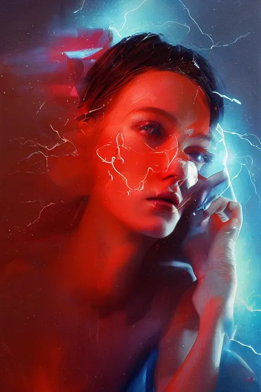 Image similar to 3 d, sci - fi, morning, sleepy fashion model face, sun, cinematic, lightning clouds, vogue cover style, light red and deep blue mood, realistic painting, intricate oil painting, high detail, figurative art, multiple exposure, poster art, 3 d, stanley kubrick, by tooth wu and wlop and beeple and greg rutkowski