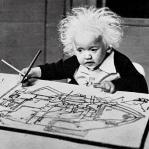 Image similar to Baby Albert Einstein making a crayon drawing of plans for atomic bomb