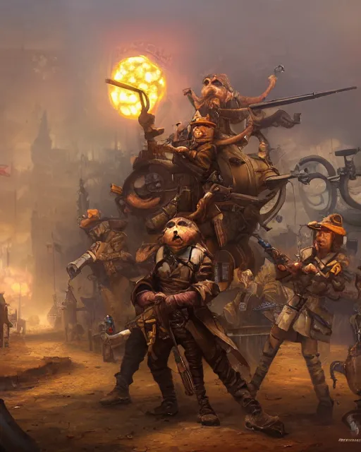 Image similar to oil painting of anthropomorphized hamster legion holding rifles, steampunk clothes, steampunk city background, sharp focus, fantasy style, octane render, volumetric lighting, 8k high definition, by greg rutkowski, highly detailed, trending on art Station, dungeons and dragons artwork, centered