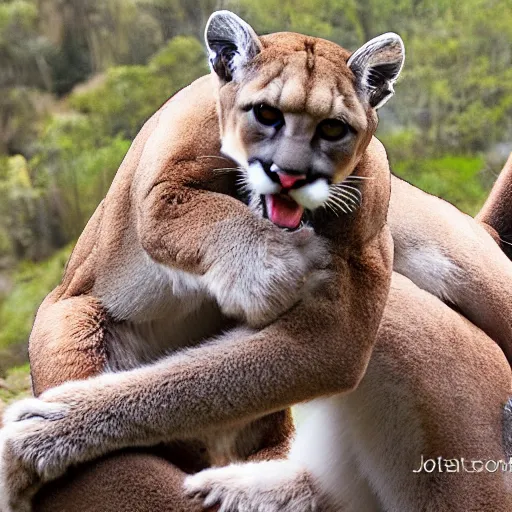 Prompt: trail cam of a mountain lion dancing with a monkey