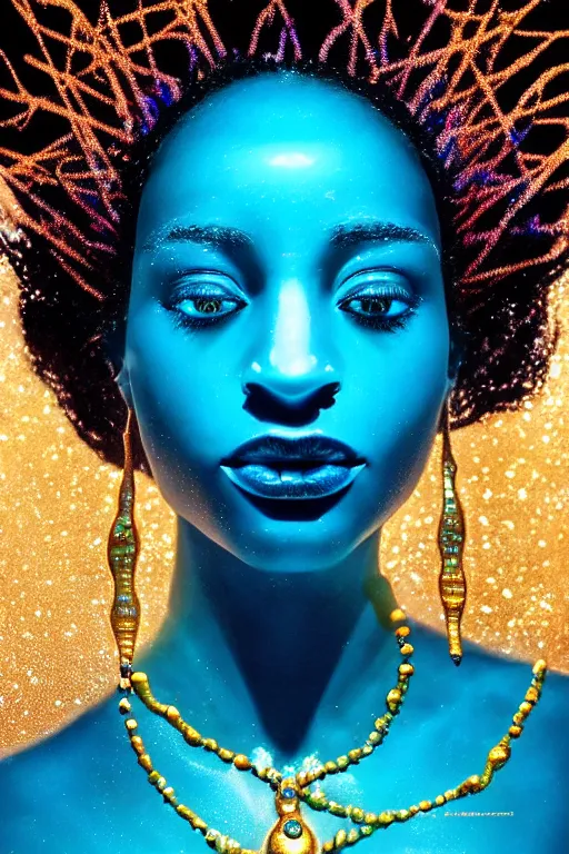 Prompt: hyperrealistic precisionist whole body cinematic bioluminescent very expressive! oshun goddess underwater scene, gold jewerly, highly detailed face, digital art masterpiece, smooth eric zener cam de leon, dramatic pearlescent turquoise light on one side, low angle uhd 8 k, shallow depth of field