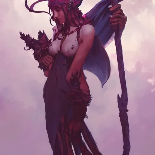 Prompt: cute Whimsical Tiefling Druid with devil tail D&D, fantasy, full body portrait, highly detailed, digital painting, artstation, concept art, sharp focus, illustration, art by greg rutkowski and alphonse mucha