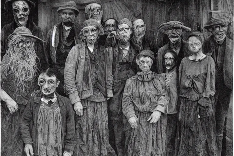 Image similar to port town of innsmouth villagers, eldritch, ominous, photorealistic, scary horror old photo