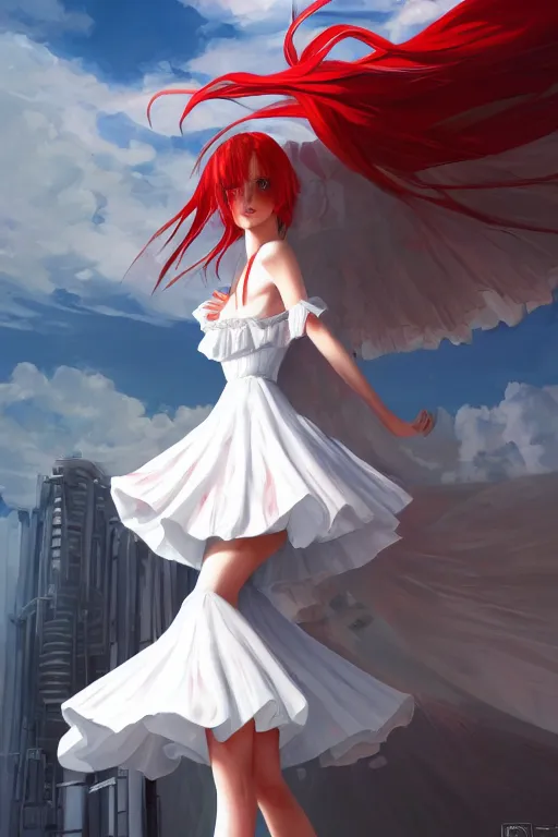 Prompt: the beautiful white frilled red dress girl standing in the hyper big and tall tower, looking at the, low angle, highly detailed, digital painting, artstation, concept art, smooth, sharp focus, illustration, Unreal Engine 5, 8K, art by Hiroaki Samura and Jiro Matsumoto