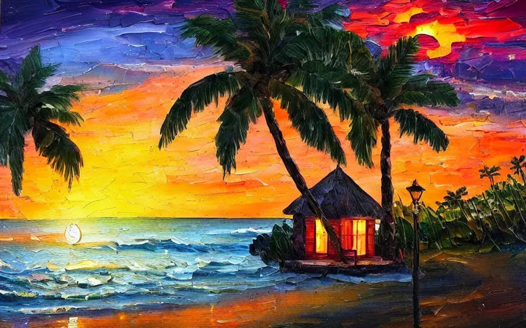 Image similar to a very very small island! cute cozy cottage!! and lanterns!!!, chairs, fireplace, palm trees, dark very late evening cloudy sunset, dramatic and dynamic lighting, thick brush strokes oil impasto painting