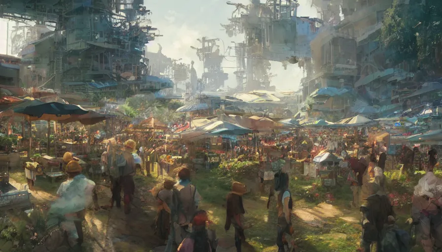 Image similar to craig mullins and ghibli digital illustration of solarpunk farmers market festival under a force field, scifi, colorful, unreal engine, hyper realism, realistic shading, cinematic composition, realistic render, octane render, detailed textures, photorealistic, wide shot