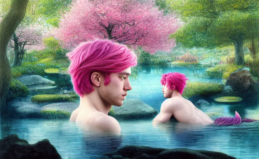 Image similar to harmony of pink haired merman backlit staring at black haired young man from across a pond, love at first sight, by alan lee, muted colors, springtime, colorful flowers & foliage in full bloom, sunlight filtering through trees & skin, digital art, art station cfg _ scale 9