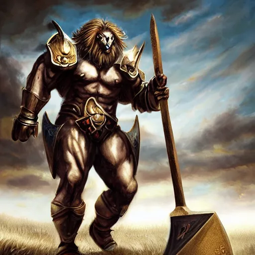 Image similar to Giant minotaur beast warrior with two handed axe, heavy white and golden armor, impressive horns, long mane, full body, muscular, dungeons and dragons, hyperrealism, high details, digital painting