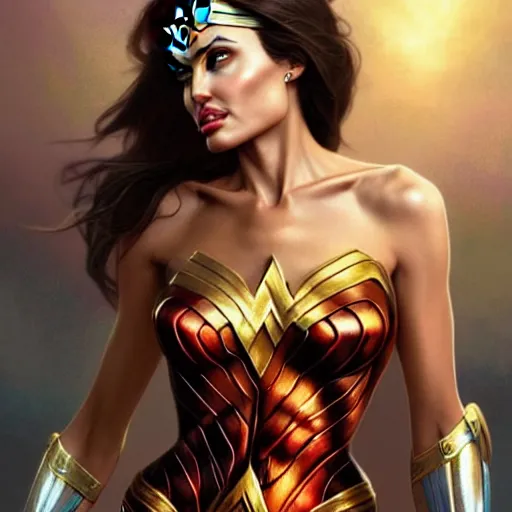 Image similar to Beautiful Angelina Jolie as Wonder Woman, western, D&D, fantasy, intricate, elegant, highly detailed, digital painting, artstation, concept art, matte, sharp focus, illustration, art by Artgerm and Greg Rutkowski and Alphonse Mucha