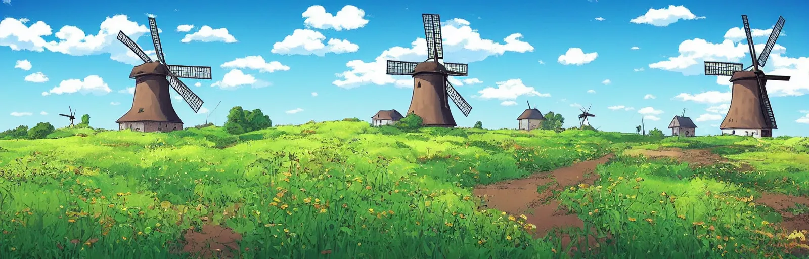 Image similar to beautiful countryside background with a windmill by studio ghibli, cute, winter