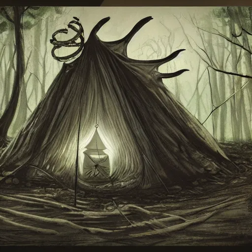 Prompt: a tent by the river in the deep, remote woods by h. r. giger, from nightmare before christmas | detailed | elegant | trending on artstation