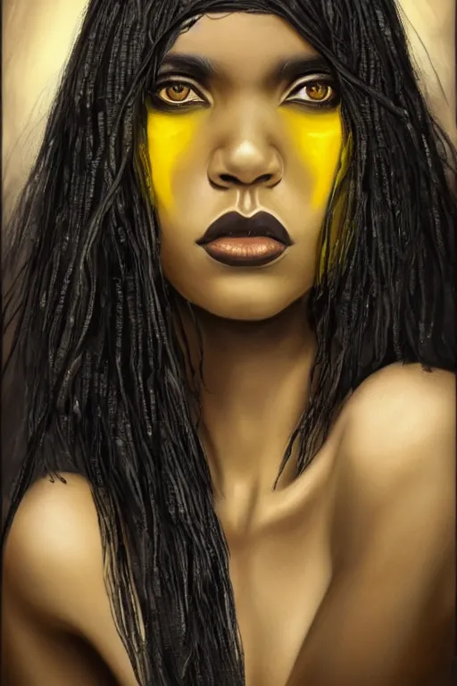 Image similar to a beautiful African American woman with long black hair, yellow eyes, gothic, intricate, elegant, dramatic lighting, gorgeous face, white tank top, highly detailed, lifelike, photorealistic, digital painting, artstation, illustration, concept art, smooth, sharp focus, art by John Collier and Albert Aublet and Krenz Cushart and Artem Demura and Alphonse Mucha