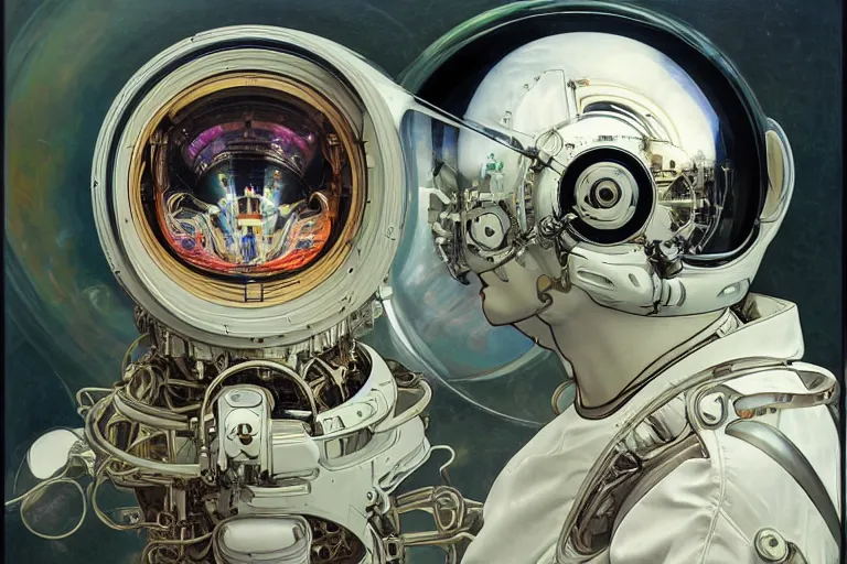 Prompt: portrait of a biomechanical head inside a futuristic space helmet, vintage transistors, white metal, iridescent visor, art by Ruan Jia and Alphonse Mucha,