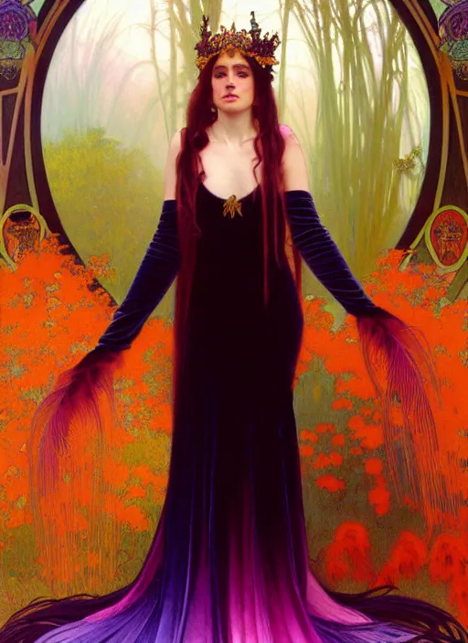 Prompt: ombre velvet gown, feathers, vivid colors, lovely dark autumn princess, portrait, long hair, tiara, jeweled choker, by alphonse mucha, brom, greg rutkowski, anato finnstark