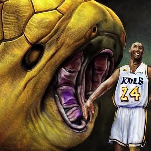 Image similar to kobe bryant kissing a giant turtle in heaven, hyper realistic, cinematic, side view, digital art, amazing detail, artstatiom, cgsociety, epic art