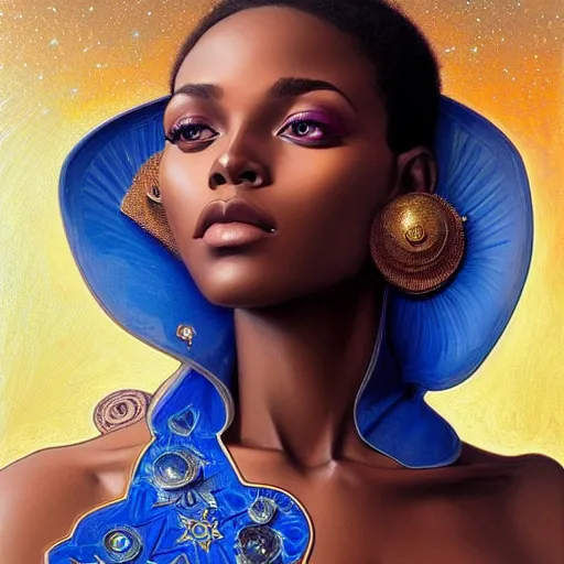 Image similar to Portrait of very very very very very very beautiful african woman, spacesuit, blue eyes, intricate, elegant, highly detailed, digital painting, artstation, concept art, smooth, sharp focus, illustration, art by artgerm and greg rutkowski and alphonse mucha