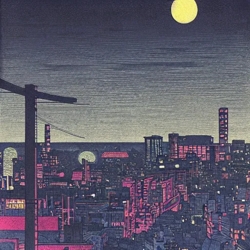 Image similar to Neon Tokyo bathed in moonlight by Hasui Kawase and Lyonel Feininger