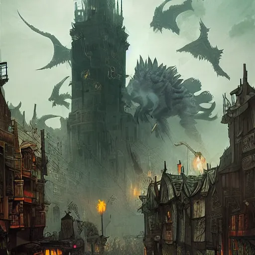 Prompt: “a creepy criminal magic city, similar to Knock Turn Alley, the sky is flayed like Doctor Strange, dinosaurs walking on street, D&D, fantasy, intricate, cinematic lighting, highly detailed, digital painting, artstation, concept art, smooth, sharp focus, illustration, art by Artgerm and Greg Rutkowski and Alphonse Mucha”