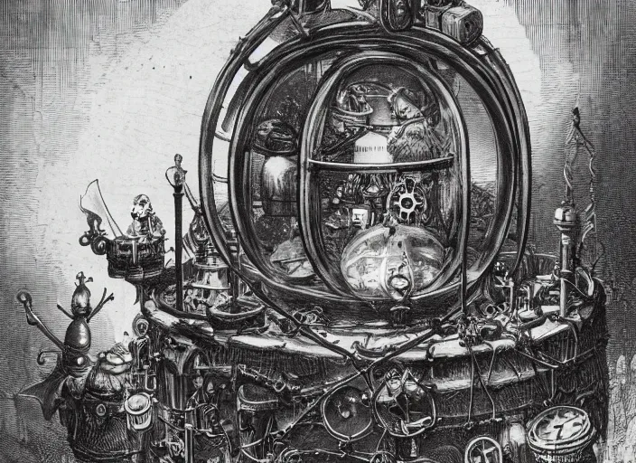 Prompt: a glass dome containing a level 6 druid gnome, surrounded by mechanical apparatus, dnd, steampunk, 1 8 9 1, detailed