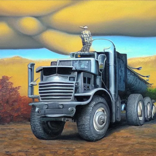 Image similar to an oil painting of a giant tonka truck, surrealism