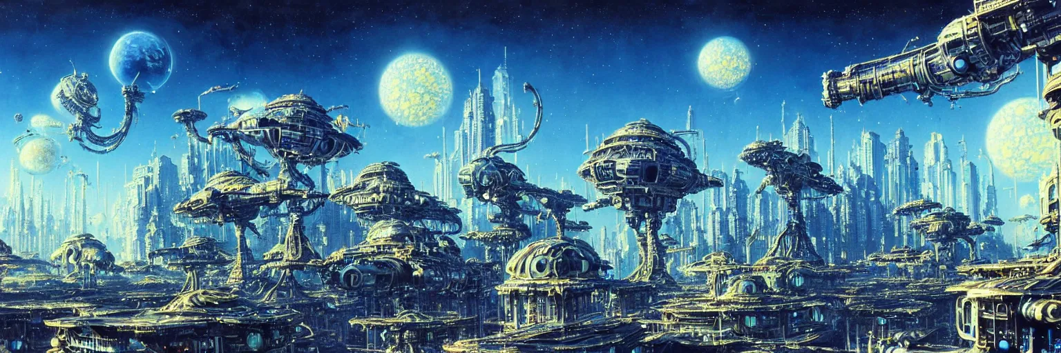 Image similar to ultra realist intricate detailed painting of an alien world with buildings, blue sky, very intricate details, bokeh focus, 8 k render, artstyle chris foss and john berkey, award winning