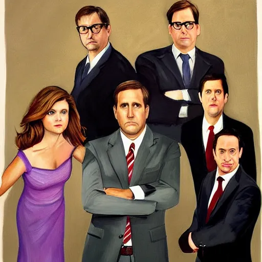 Prompt: the cast of the office, steve carell, jenna fischer, john krasinski, rainn wilson, portrait painting by edward hopper