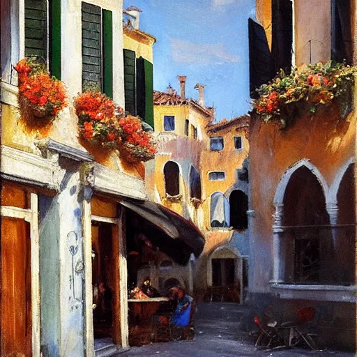 Image similar to italian restaurant in venice, sunny, shadows, richard schmid