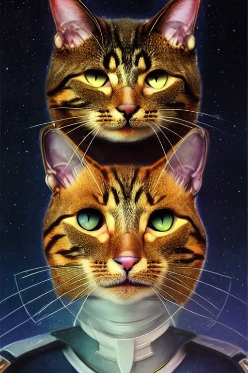 Prompt: a portrait of a fierce cat in a starfleet uniform, half portrait, classic oilpainting, fantasy, sharp focus, intricate, sci - fi, artstation, matte, highly detailed, concept art, illustration, studio lighting, art by ilya kuvshinov, artgerm, alphonse mucha, amano, and karol bak