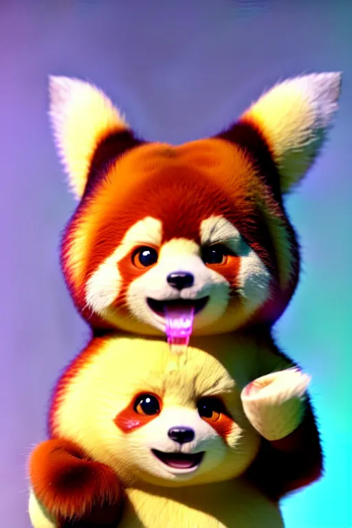 Image similar to high quality 3 d render hyperrealist very cute pastel fluffy red panda & koala hybrid eating giant ice cream, vray smooth, in the style of detective pikachu, very dramatic light, low angle, uhd 8 k, shallow depth or field