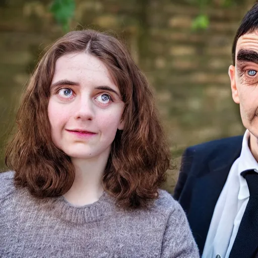 Image similar to A portrait mr bean elizabeth teams up with a teenage mr bean, perfect faces, 50 mm, award winning photography