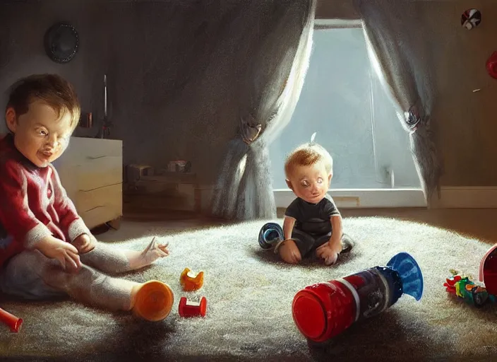 Image similar to toddler elon musk sitting on a shaggy rug playing with his little rockets, bedroom, realistic painting, beautiful soft lighting, istvan sandorfi