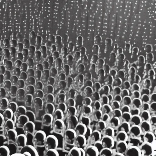 Image similar to photo, a giant crowd of silvery shiny refective black latex claymation skeletons by ray harryhausen dancing inside an underground ussr night club, edge lighting, ray traced lighting