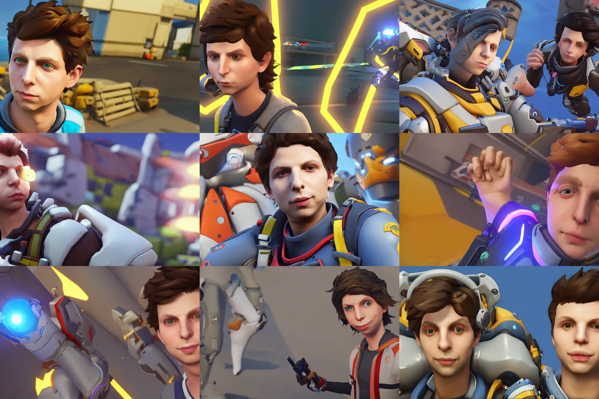 Prompt: a screenshot of michael cera in the video game overwatch. 3 d rendering. unreal engine. amazing likeness. very detailed. cartoon caricature.