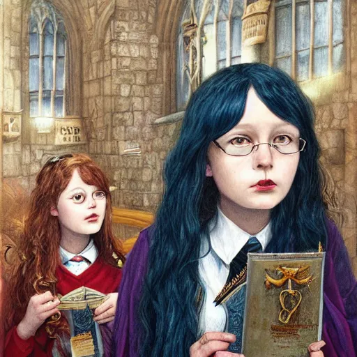 Prompt: Tiffany Aching as a ravenclaw student in Hogwarts School of Witchcraft and Wizardry, detailed, hyperrealistic, colorful, cinematic lighting, digital art by Paul Kidby