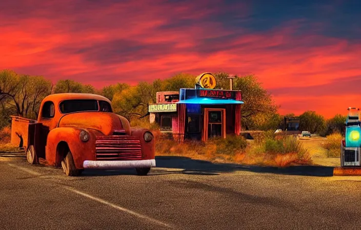 Image similar to A beautiful colorful evening scene of route66, old road with abandoned gas station and rusty old pickup truck, hyper realistic, blinding backlight evening sun, sparkling sun rays, epic scene, intense setting, evening vibe