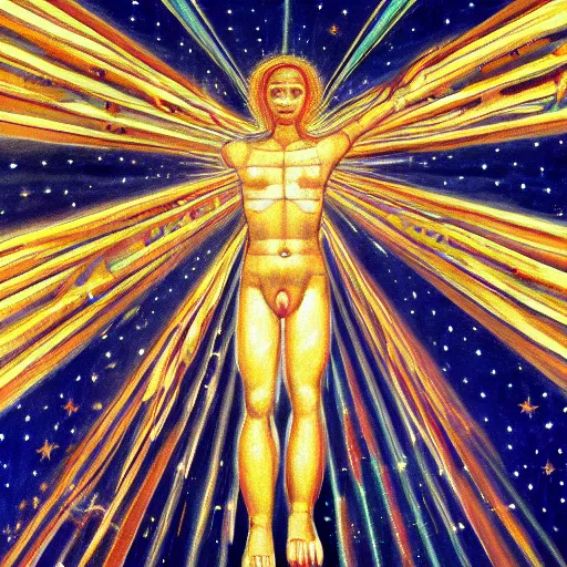 Prompt: painting of a humanoid being of pure light soaring through the firmament, surrounded by holy glyphs, detailed