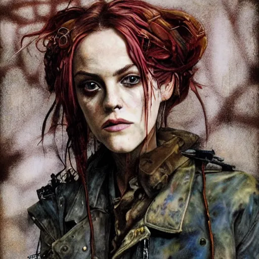 Prompt: riley keough as an apocalyptic wasteland wanderer, steelpunk, abandoned steelworks, grime and grunge, in the style of adrian ghenie, esao andrews, jenny saville,, surrealism, dark art by james jean, takato yamamoto, kodak ektar