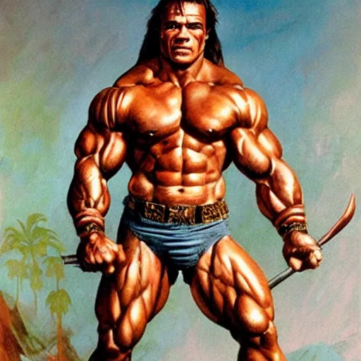 Image similar to full body portrait of barbarian arnold schwarzenegger by frank frazetta