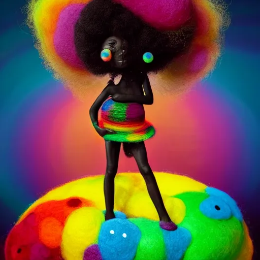 Image similar to a black girl with big cute! eyes and a colorful afro dancing in a filed of candy at sunset, bright colors, watercolor, volumetric wool felting, felt, macro photography, children illustration, global illumination, radiant light, detailed and intricate environment, by goro fujita, psychedelic surreal portrait, bokeh!!!!