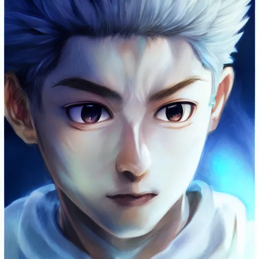 Prompt: realistic portrait of Killua, dramatic lighting, illustration by Rossdraws, professional portfolio, 4k, digital art, concept art, trending on artstation